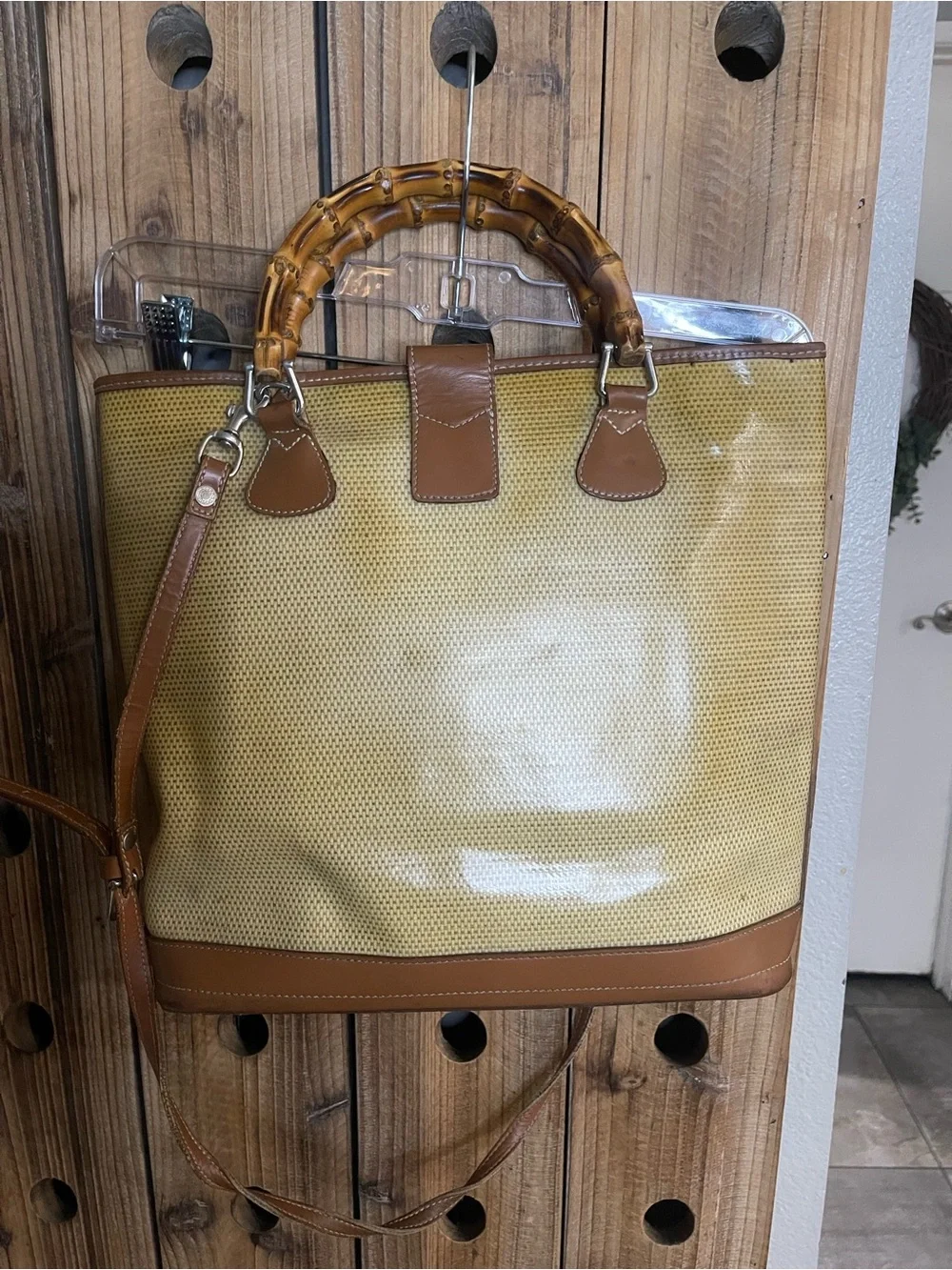 Dooney & Bourke Beige Canvas Tote with Brown Leather & Bamboo Handles